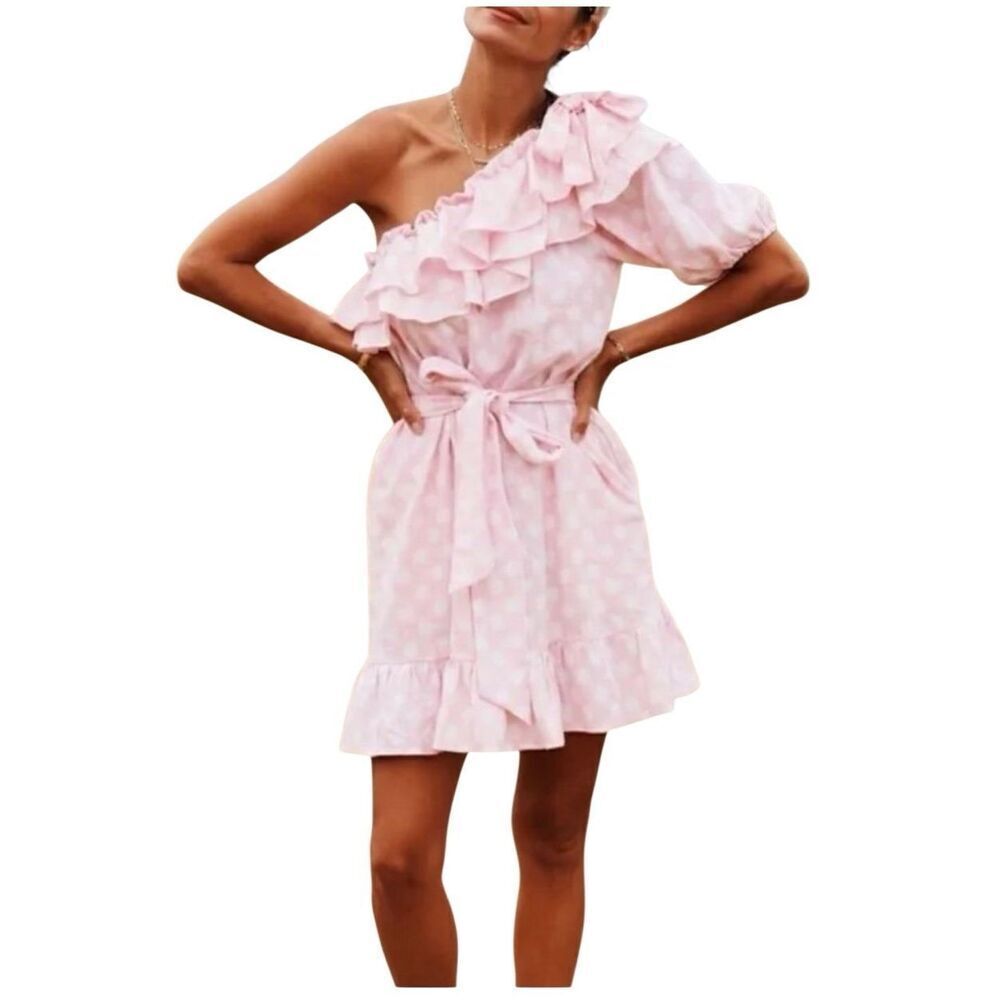 Lisa Marie Fernandez Pink Polkadot Dress Size Large Off Shoulder Linen Blend
